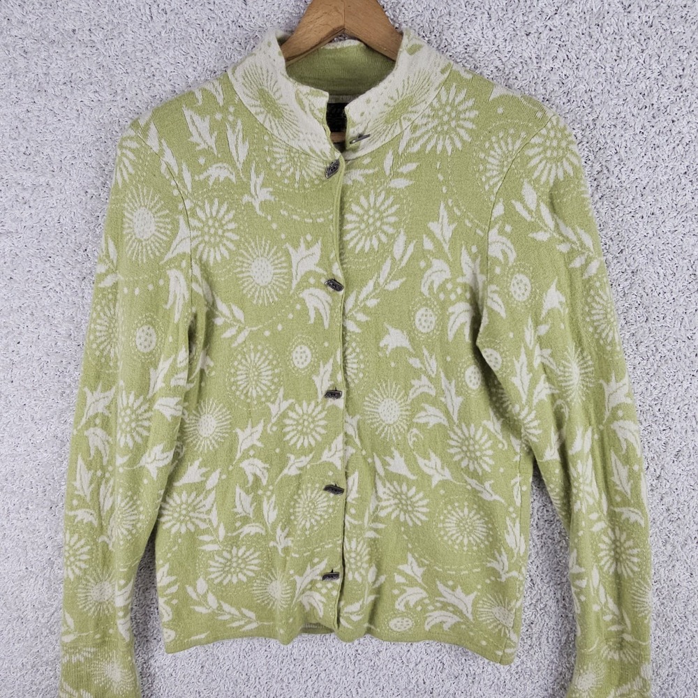 Icelandic Design Cardigan Sweater Sz M Angora Blend SOFT Green‎ Leaf Loop Collar